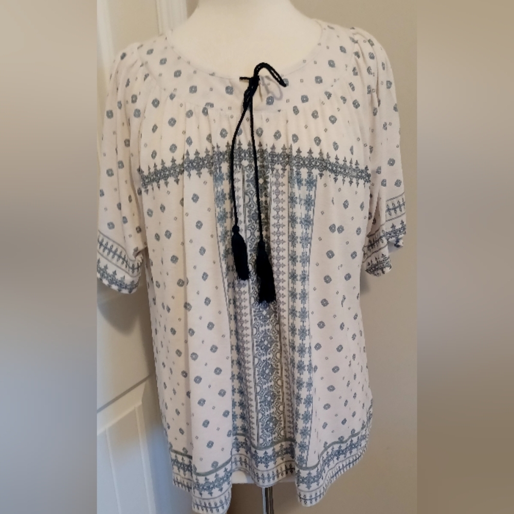 KIM ROGERS PETITE Bohemian Blue and White Women's Top SZ PXL #0024